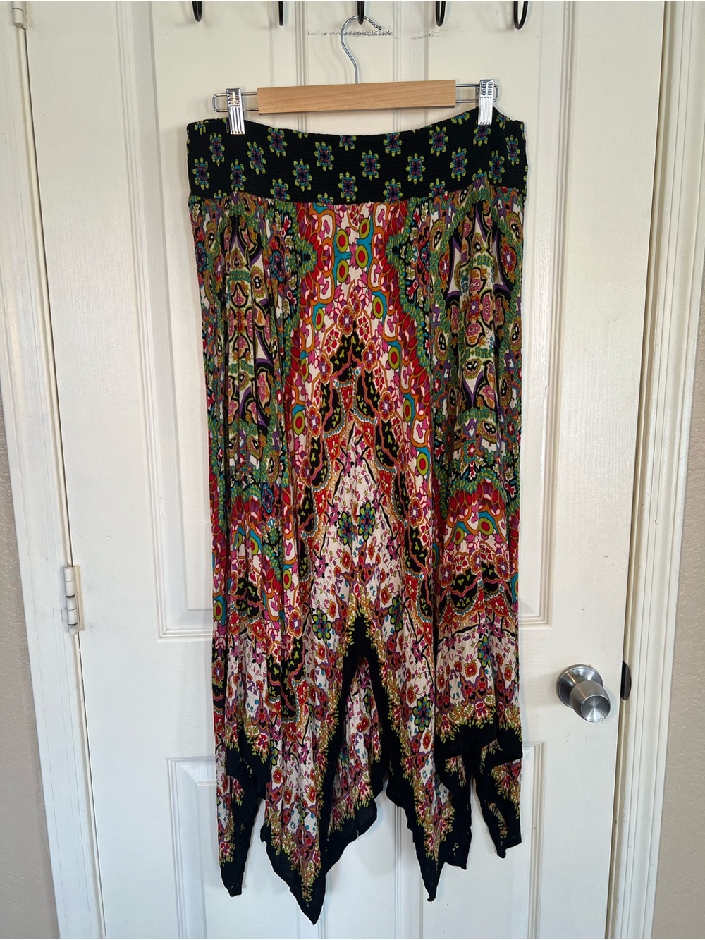 Bila Boho Handkerchief Hem Maxi Skirt Large Multicolor Paisley Festival Rayon